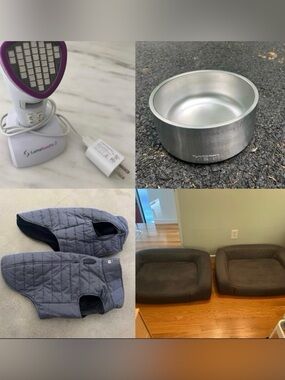 2x med. Dog Beds for 40-60lbs, 2x dog coats, yeti bowl, LumaSooth 2 arthritis